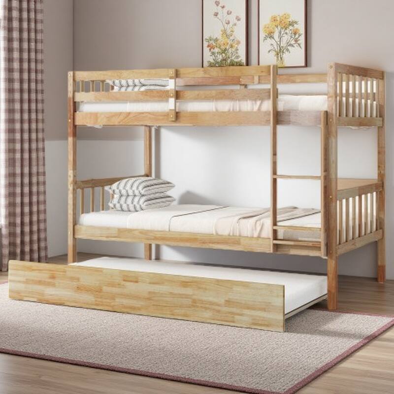 Twin Over Twin Rubberwood Bunk Bed with Pull-Out Trundle, Convertible into Two Separate Beds, Ladder and Safety Guardrails - Wood