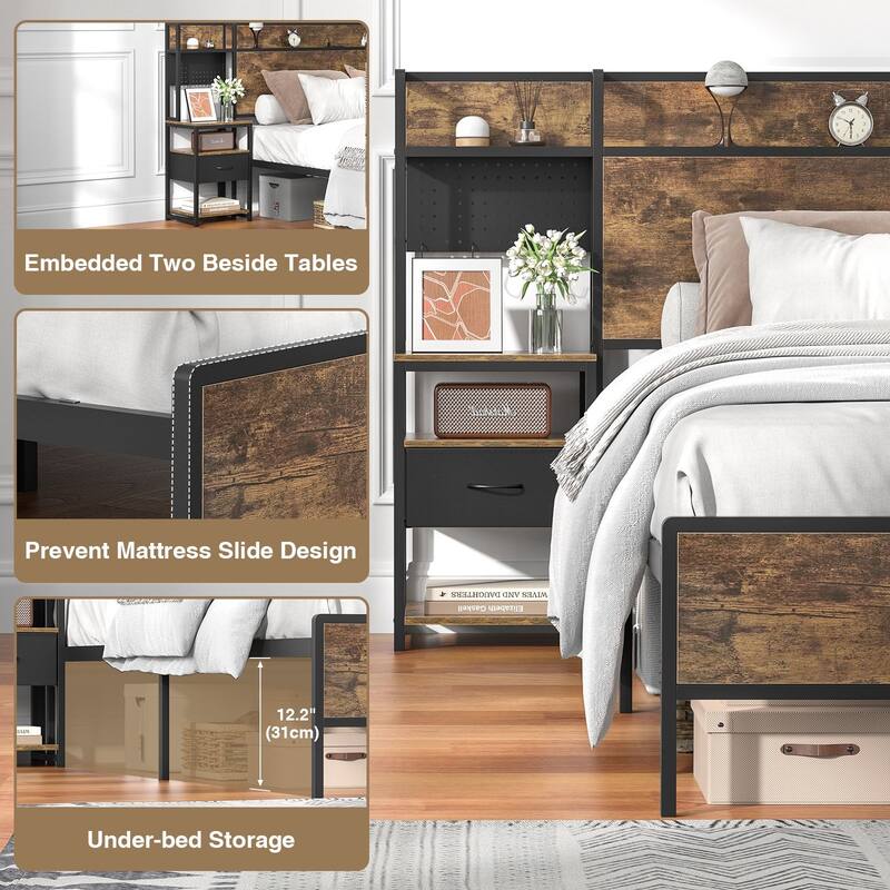 Anmytek Rustic Brown Queen/King Bed Frame with 2 Sliding Nightstands - Bookcase Storage Headboard