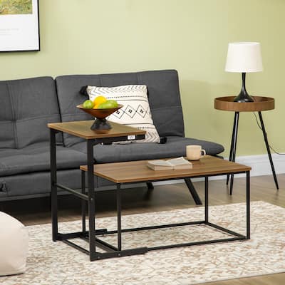 HOMCOM Nesting Coffee Table, Modern Coffee Table Set with Metal Frame & Adjustable Foot Pads, Living Room Furniture, Brown