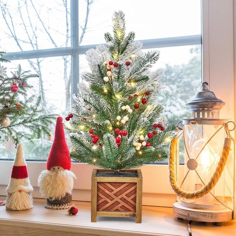 24" Pre-Lit Mini Artificial Christmas Tree with LED Lights & Wooden Base - 2FT - Green