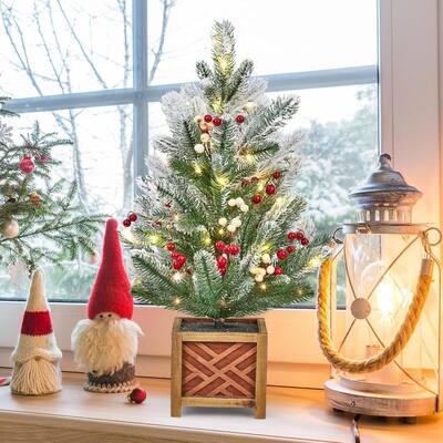 24" Pre-Lit Mini Artificial Christmas Tree with LED Lights & Wooden Base - 2FT
