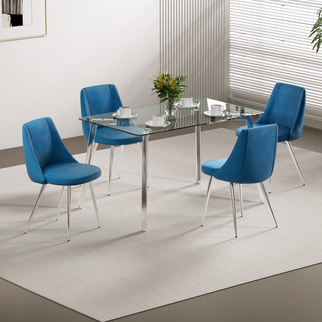 (Set Of 4)Velvet Dining Chair Bedroom Stool Back Dressing Chair Chrome Metal Legs