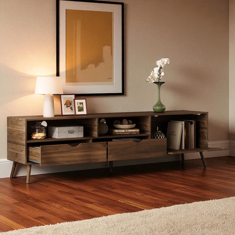 70.8 Inch Mid Century Modern TV Stand with 2 Drawers, Drop-Down Door, Cabinets and Open Storage for TVs Up to 80 Inch