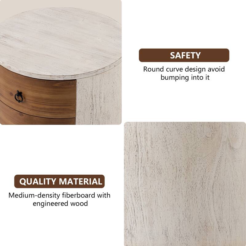 COSIEST Modern Round Solid Wood Storage Chest, Nightstand with 3 Drawers