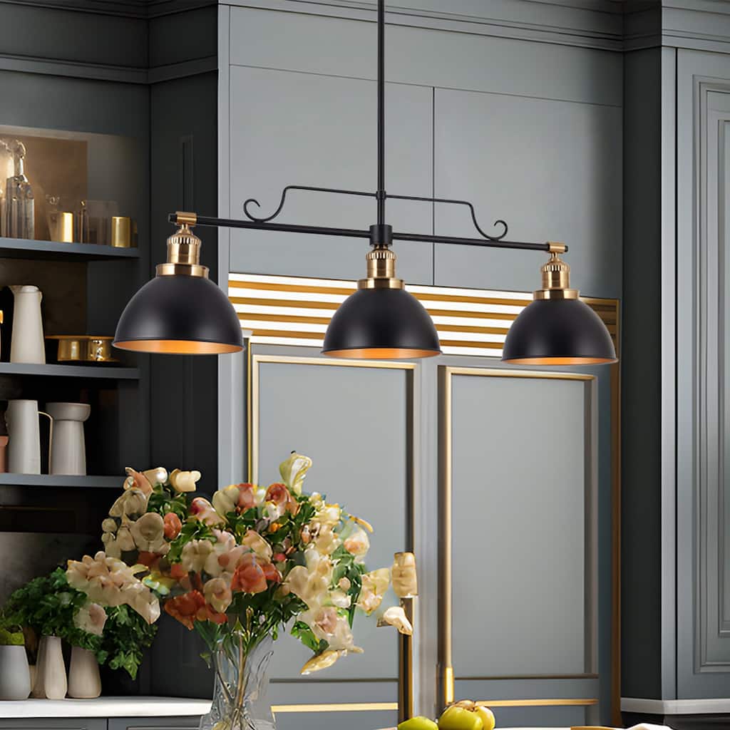 Modern 3-Light Black Gold Linear Chandelier Bowl Metal Kitchen Island Pendant Lighting for Dining Room - 34.5"L x 8"W x 11"H