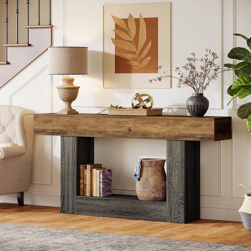 63 Inches Brown/ Gray Wood Console Table, Farmhouse Entryway Table for Hallway