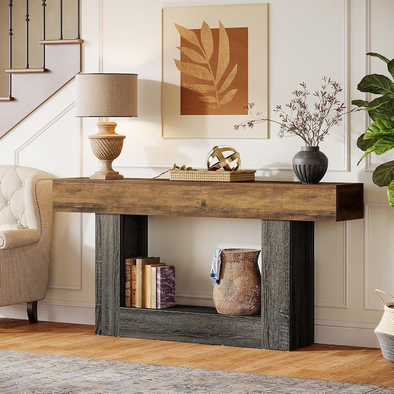 Farmhouse 2 Tiers Console Table Entryway Table with U-Shaped Base
