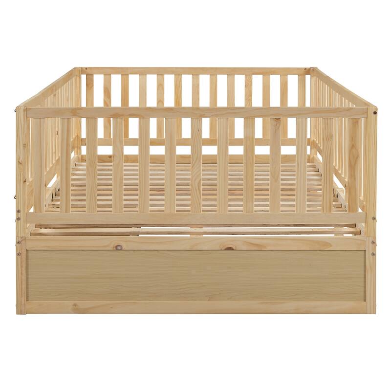Pine Wood Daybed Floor Bed Frame with Fence Guardrails and 2 Drawers, Converts into Two Individual Beds, No Box Spring Needed