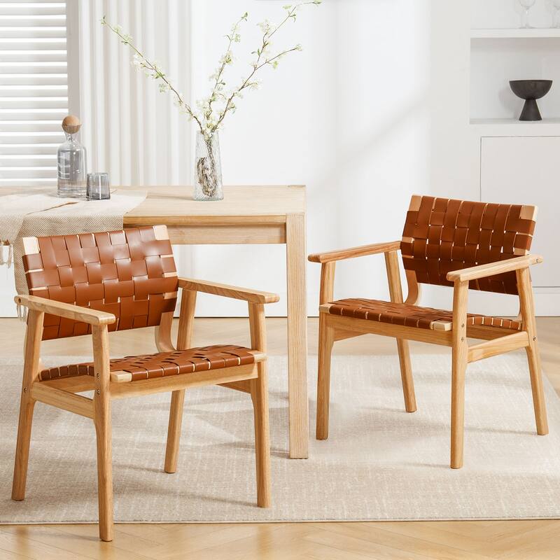Woven Leather Dining Chairs with Solid Wood Frame - 29.7"H x 21.7"W x 22.8"D