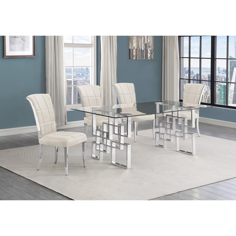Best Quality Furniture D221/2-SC320-7 Dining Set with 12mm Tempered Glass - 5-Piece - Cream with Silver