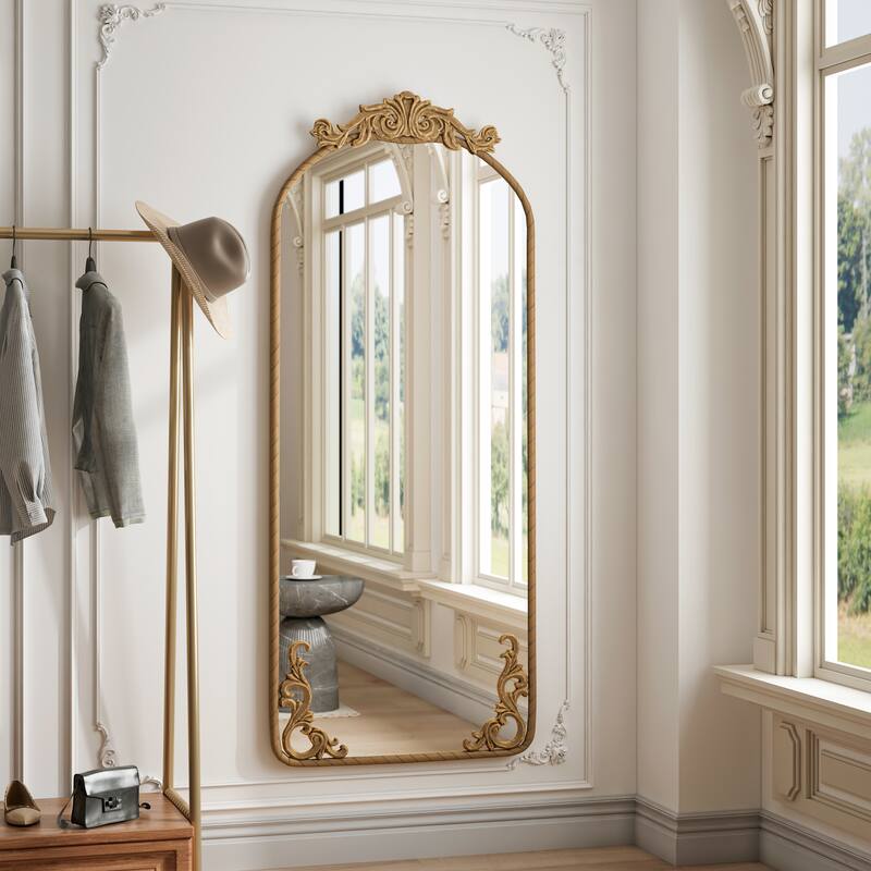 58"x24" Arched Full Body Hanging Wall Mounted Mirror with Vintage Ornate Carved Applique on Top and Bottom