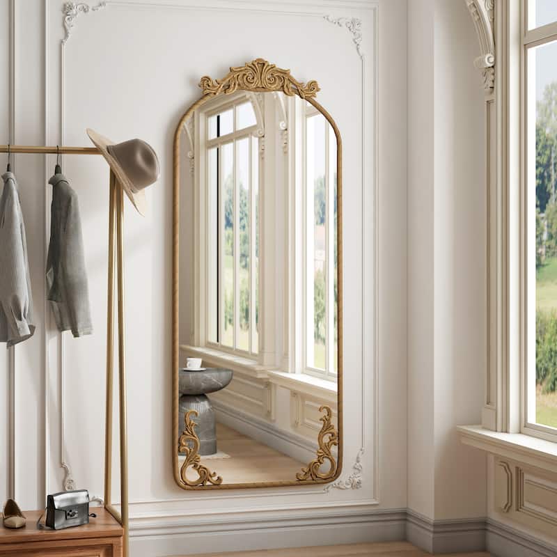 58"x24" Arched Full Body Mirror with Ornate Carved Applique on Top and Bottom,Hanging Wall Mounted Mirror,Retro Decor Mirror