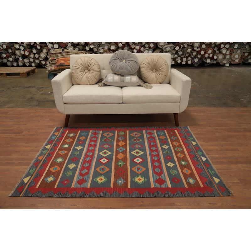 Hand Woven Oriental 100% Wool Carpet Southwestern Tribal Greys & Charcoal Kilim Area Rug - 5' 6'' X 4' 1''