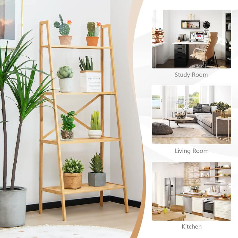 Gymax 4-Tier Bamboo Ladder Bookshelf 58'' Display Shelf Storage Rack