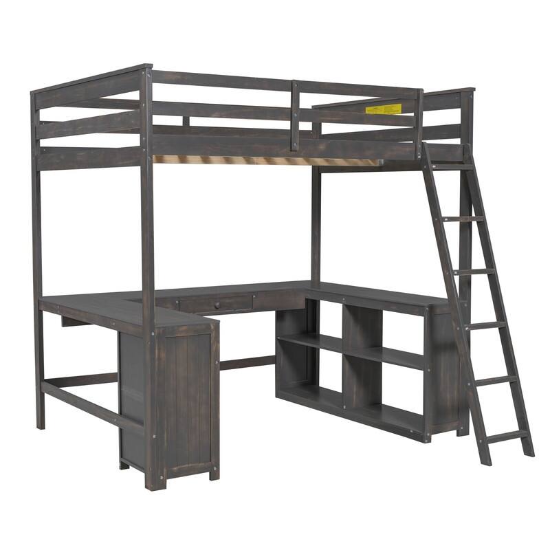 Solid Wood Loft Bed with Bulit-in U-Shaped Desk, 2 Drawers and Cabinet, Twin/Full Size Loft Bedframe w/ Storage Shelves & Ladder