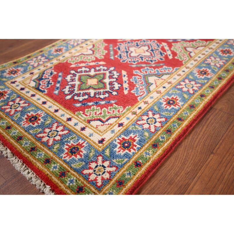 Hand Knotted Oriental 100% Wool Carpet Traditional Geometric Red Kazak Area Rug - 3' 0'' X 1' 10''