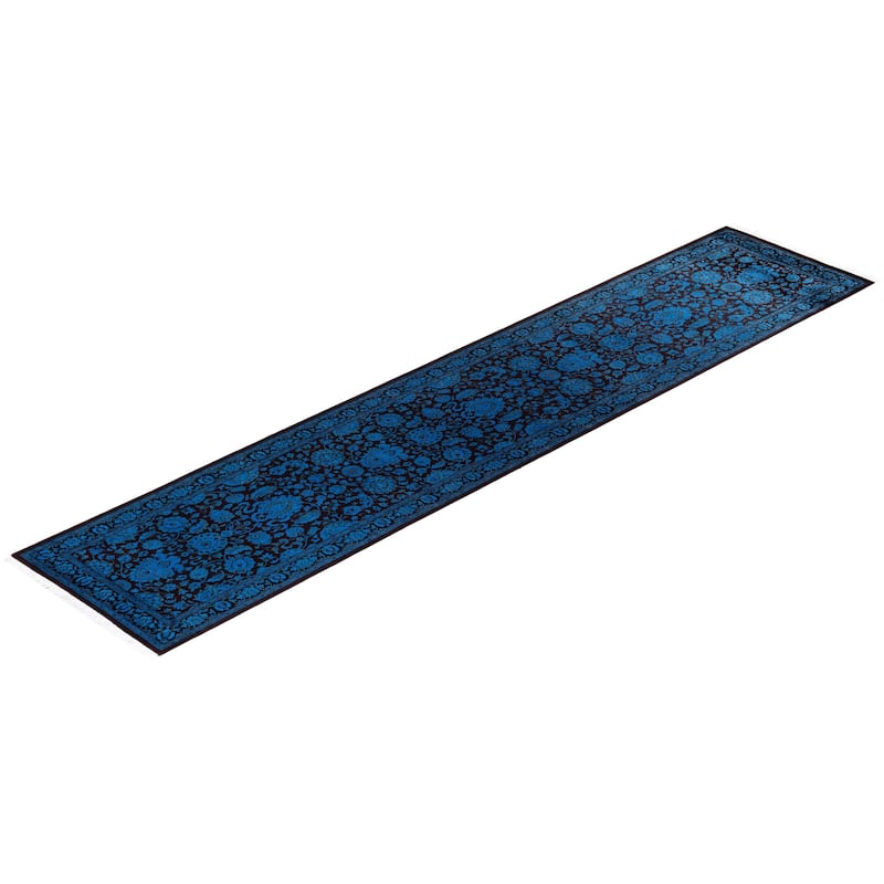 Overton Hand Knotted Wool Vintage Inspired Modern Contemporary Overdyed Blue Runner Rug - 2' 6" x 12' 1"