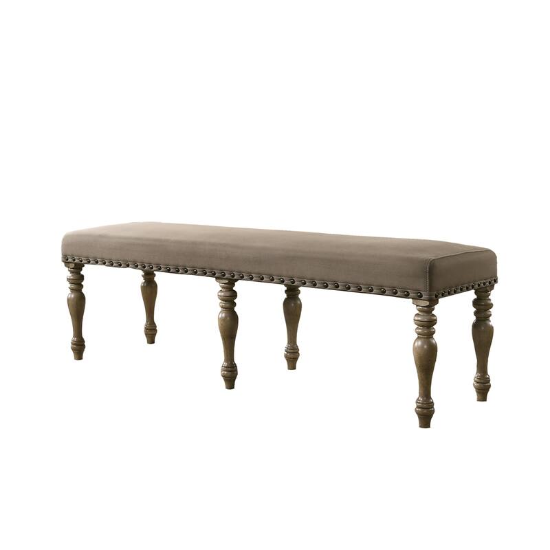 Microfiber Upholstered Bench with Nail Head Trim in Driftwood Finish