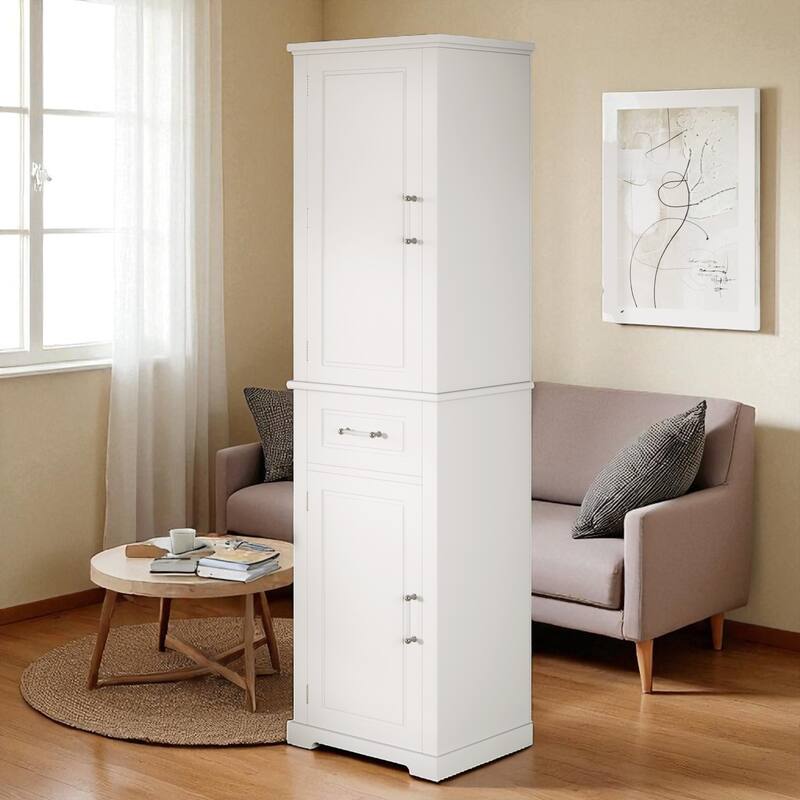 72" Tall Bathroom Storage Cabinet with Drawer, 2 Doors, Adjustable Shelves and Door Rack, Freestanding MDF Organizer - White