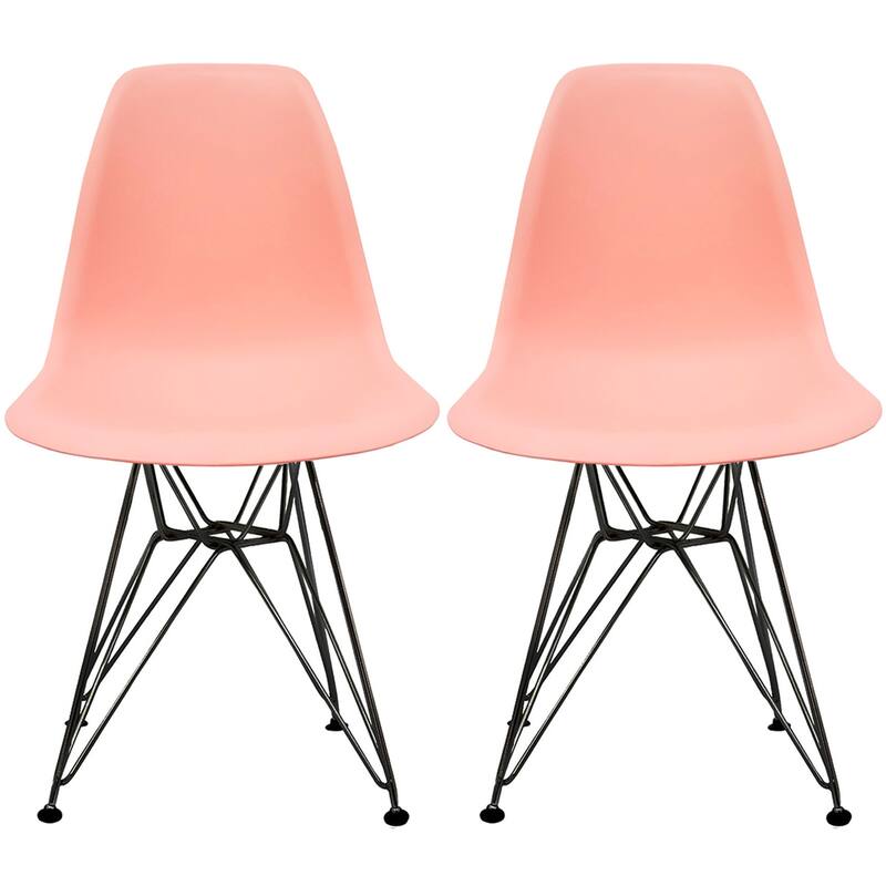 Set of 2 Mid-Century Modern Dining Side Chairs Armless Plastic Shell Seat with Black Metal Wire Eiffel Base, White