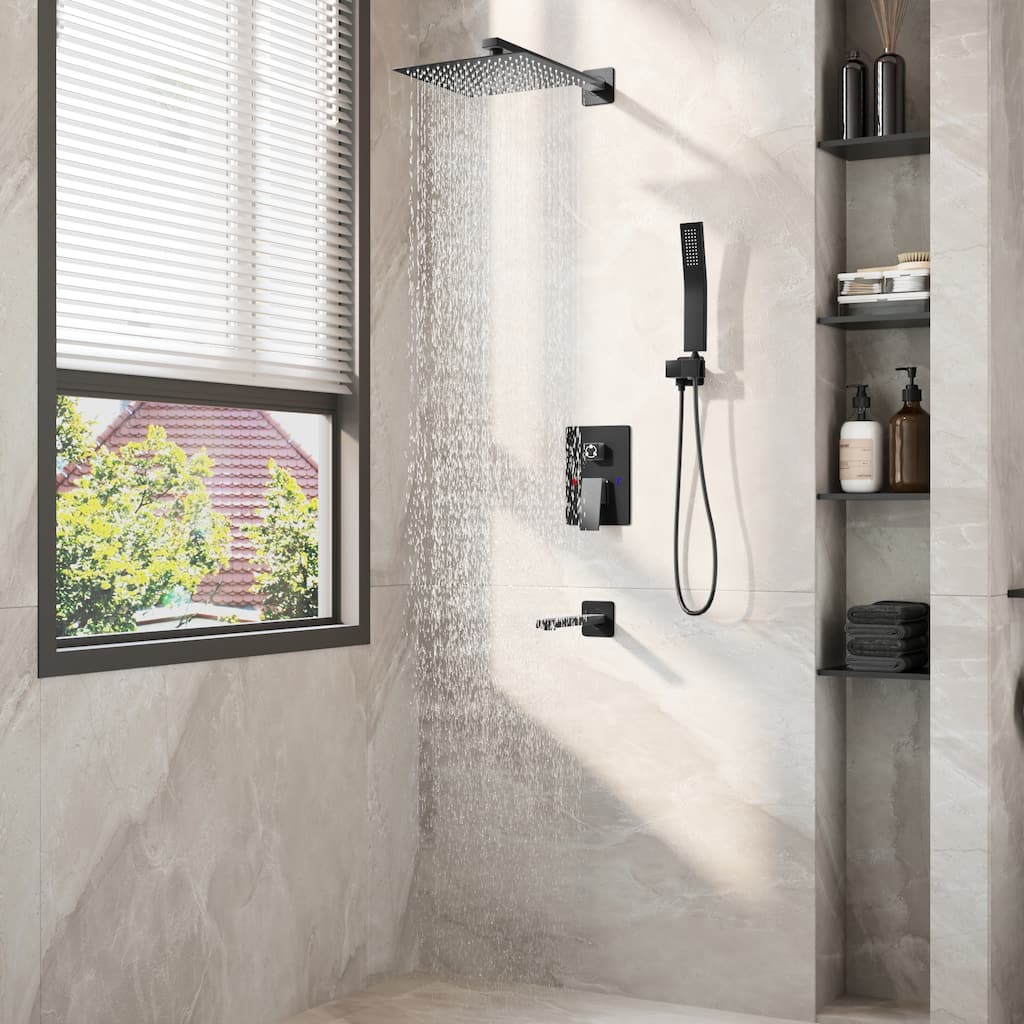 Matte Black Concealed Shower System with 9.7” Rainfall Shower Head, Handheld Shower & Tub Spout