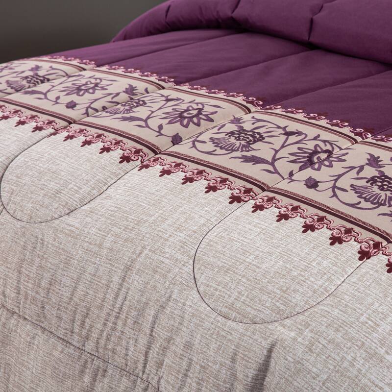 Bed in a Bag Soft Fluffy Goose Down Alternative Printed Comforter Set Includes Sheet Set, Modern Eggplant Aster Floral Pattern