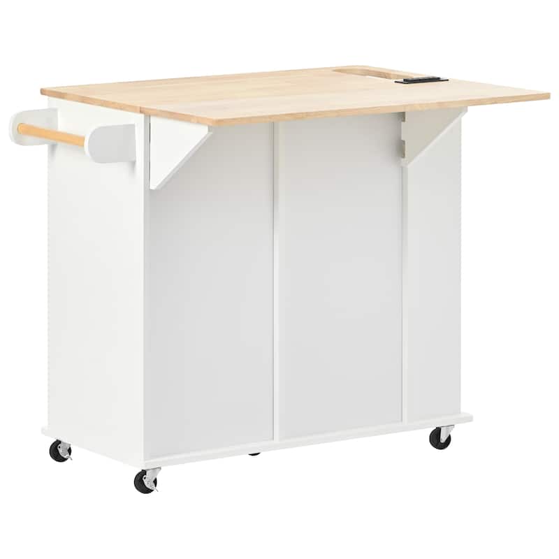 Kitchen Island with Power Outlet, Drop Leaf,Open Storage and Wine Rack,5 Wheels,with Adjustable Storage
