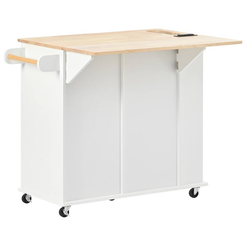 Kitchen Storage Island with Power Outlet and Adjustable Storage, Wooden Spice Cabinet with Drop Leaf, Rubber Wood and Wine Rack
