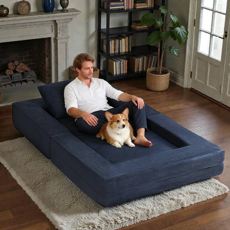 Compression Human Dog Sofa Bed, 3-in-1 Corduroy Floor Couch with Pillow, Folding Lounger for Adults & Pets