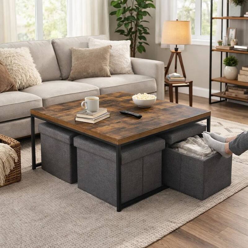 All 5 Piece Coffee Table Set, Oak Brown Top with 4 Nesting Storage Bins