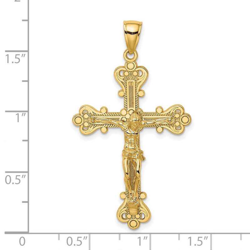 Curata 14k Yellow Gold Large Textured Engraved Ornate Crucifix Cross Necklace 30mm x 44mm