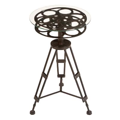 Metal Film Reel Accent Table with Tripod Legs and Glass Top - Black - Roche River Decor - 15"Wx15"Lx25"H