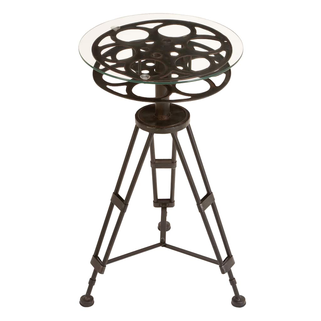 Metal Film Reel Accent Table with Tripod Legs and Glass Top - Black - Roche River Decor - 15"Wx15"Lx25"H