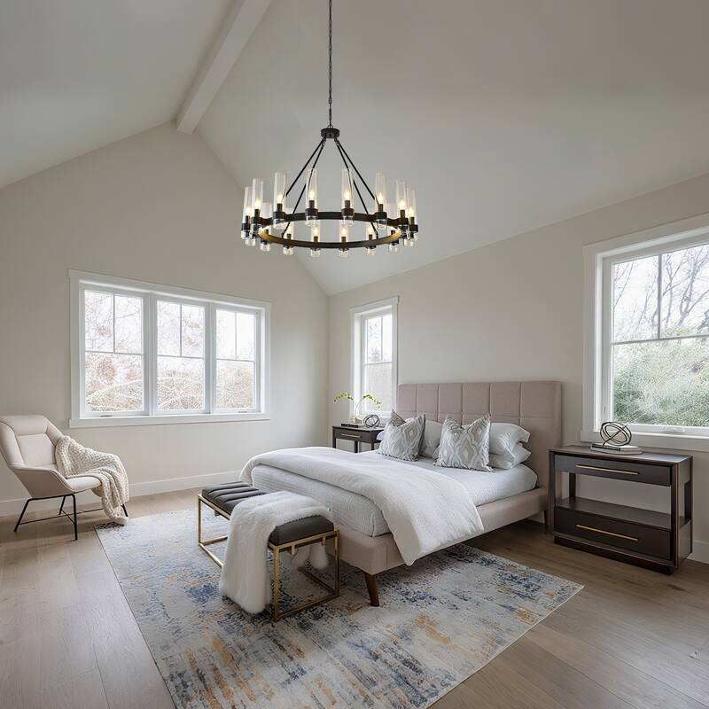 16 - Light Circular Chandelier, Gold/Black, Glass & Metal