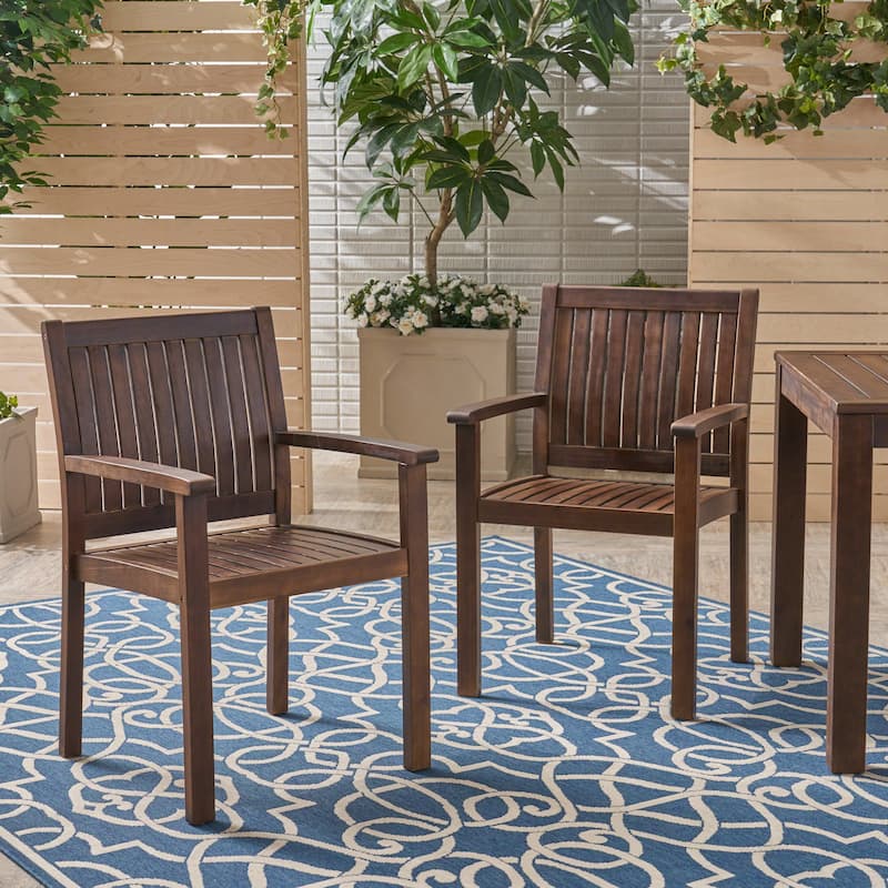 Roomfitters Outdoor Dining Chairs Set of 2, Acacia Wood Patio Armchairs, Slatted Backrest, Dark Brown