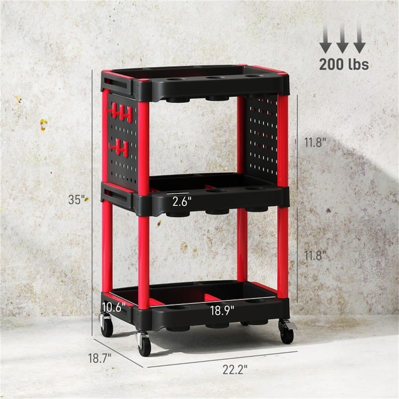 Three-Tier Mobile Rolling Tool Cart with Hooks and Storage Holes for Garage Workshop Organizer - 22.2" W x 18.7" D x 35" H