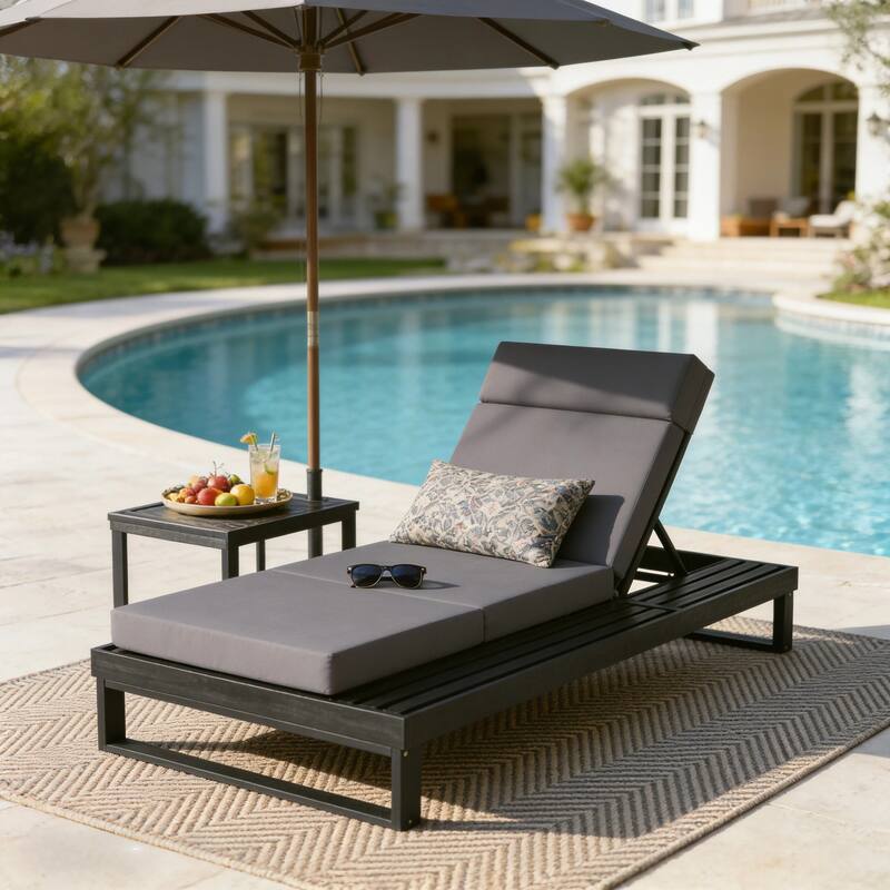 Christopher Knight Home - Modern Outdoor Acacia Wood Chaise Lounge with 4-Position Adjustable Backrest & 4-Fold Cushion - Black+Dark Gray Cushion