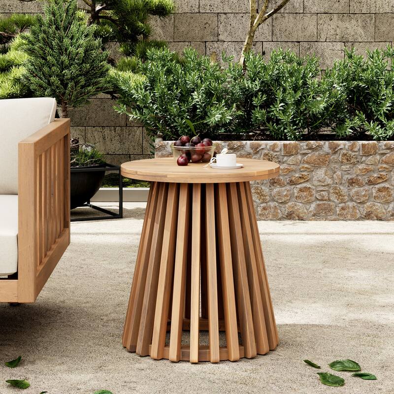 Roomfitters Round Outdoor Acacia Wood Side Table, Slatted Pedestal Base Accent Table for Patio and Balcony - Light Teak