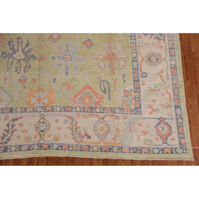 Hand Knotted Oriental 100% Wool Carpet Transitional All-Over Green Oushak Area Rug - 12' 5'' X 8' 10''