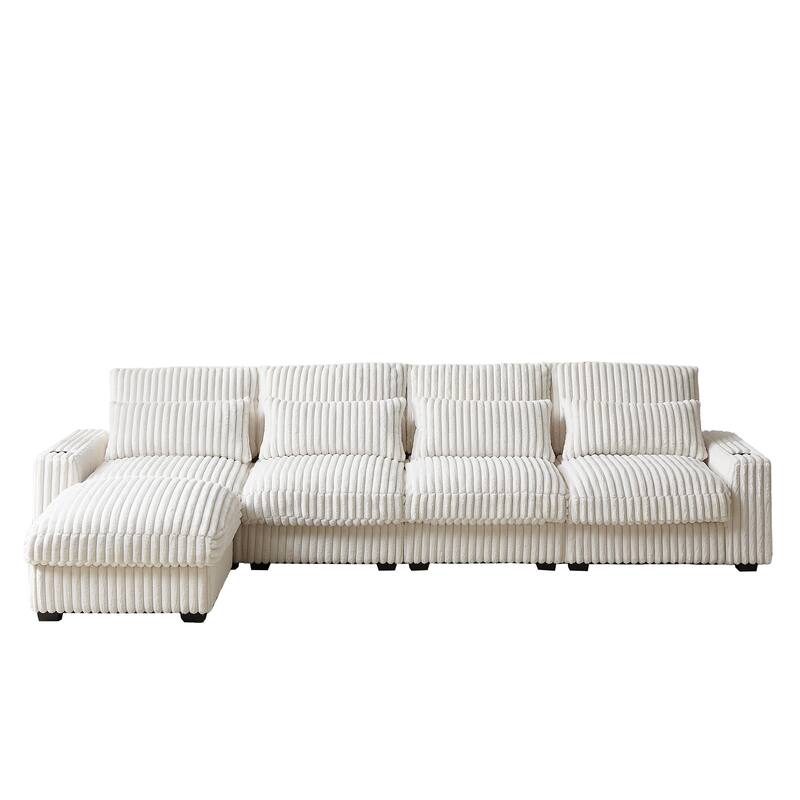 126" Corduroy L-Shaped Sectional Sofa with USB & Cup Holders