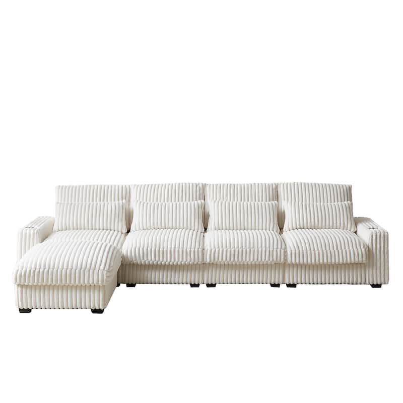 Super Large 126-Inch Corduroy L-Shaped Sofa with Cup Holders, USB Port, Movable Footrest, and 8 Cushions.