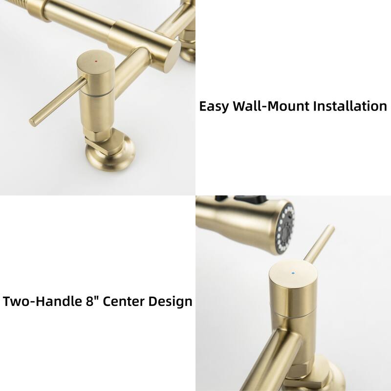 Modland Wall-Mounted Kitchen Faucet with Pull Down Sprayer 3-Function in Brushed Gold/Matte Black