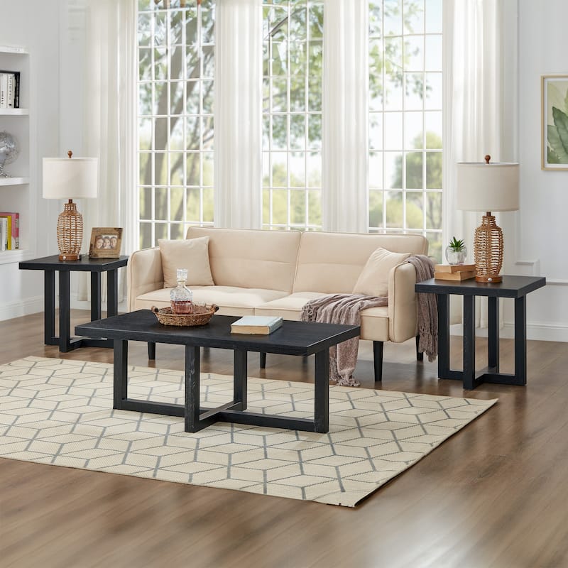 Roundhill Furniture Luno 3-Piece Coffee Table Set, Coffee Table and Two End Tables - Black