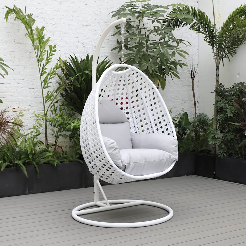 Patio Hanging Egg Swing Chair with White Wicker Shell and Iron Frame for Indoor Outdoor Patio Porch Garden Backyard