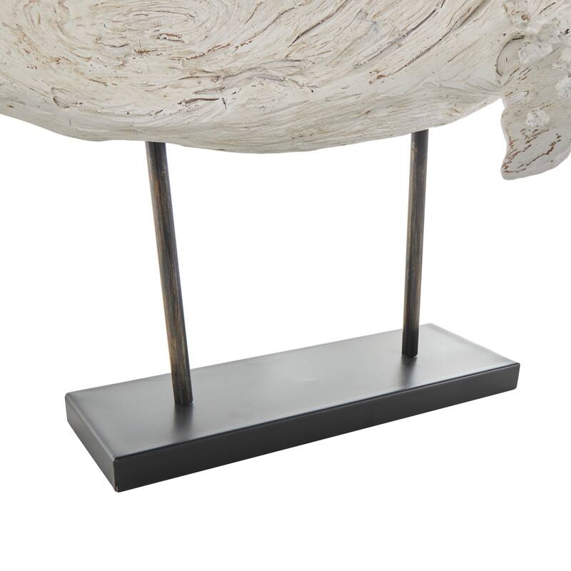 Cream Polystone Textured Whale Decorative Sculpture with Brown Distressing and Black Metal Stand