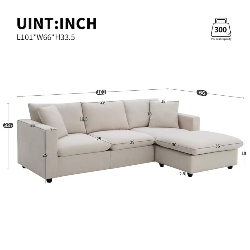 100.4'' Polyester L-Shaped 4-Seat Sectional Sofa Couch with Convertible Ottoman and 2 Pillows, Contemporary Design