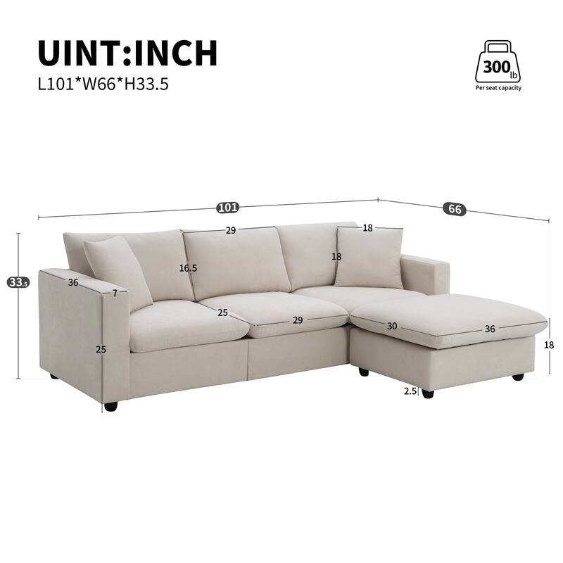 4-Seat Polyester L-Shaped Sectional Sofa with Convertible Ottoman