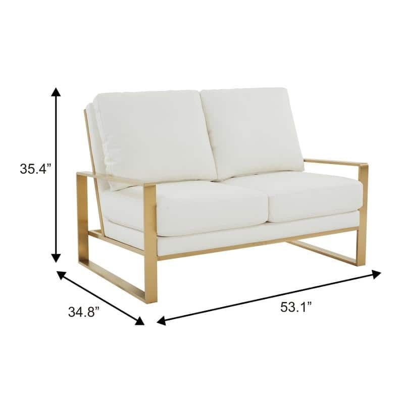 Jefferson Modern Leather Loveseat Gold with Gold Metal Base, Cushion Seating, Pocket Springs, and Protective Floor Pads - 53.1