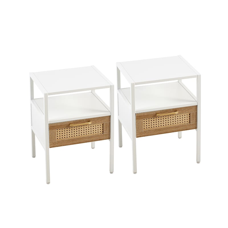 Set of 2,15.75"Rattan End table with Drawer,Modern Nightstand,Metal Legs,Side Table for Living Room,Bedroom