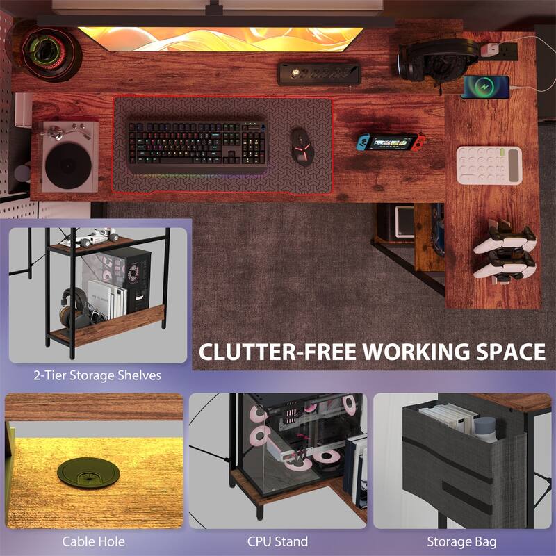 L-Shaped Gaming Desk with Charging Station & RGB LED Lights – Reversible Computer Desk with Monitor Stand